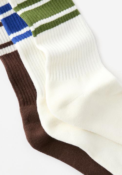 Cotton On - 3 Pack Essential Crew Socks - Chocolate/Off White/Off White Triple Stripes