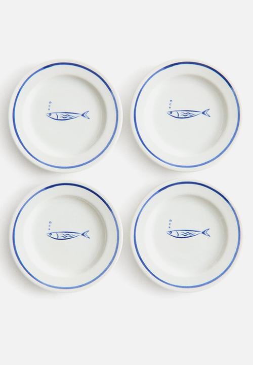 H&M - 4-pack small porcelain plates - blue/fish