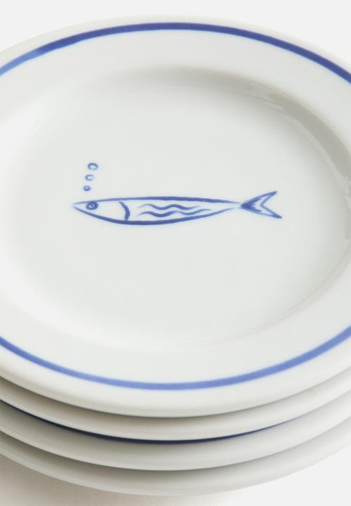 H&M - 4-pack small porcelain plates - blue/fish