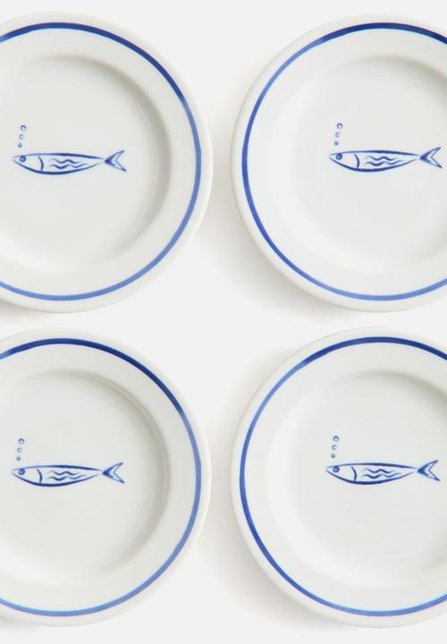 H&M - 4-pack small porcelain plates - blue/fish
