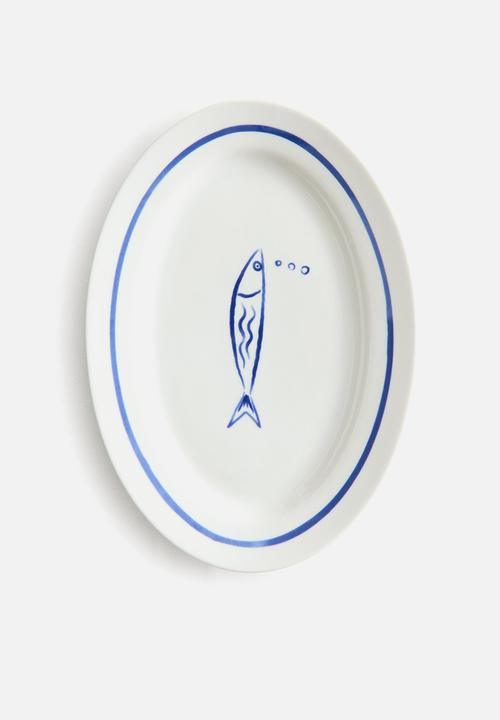 H&M - Large porcelain serving plate - blue/fish