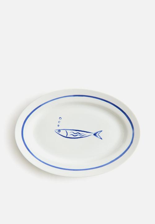 H&M - Large porcelain serving plate - blue/fish
