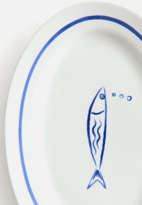 H&M - Large porcelain serving plate - blue/fish
