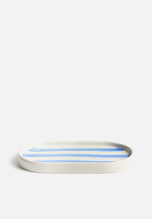 H&M - Stoneware tray - white/blue striped