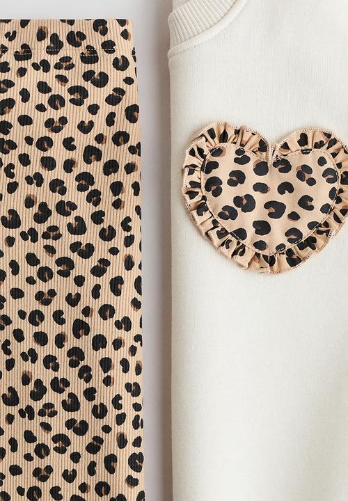 H&M - 2-piece sweatshirt and leggings set - cream/leopard print