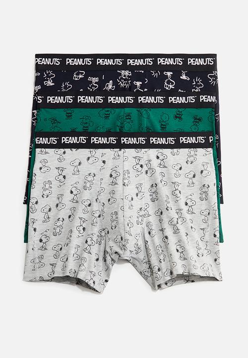 H&M - 3-pack print-motif cotton trunks - light grey marl/snoopy