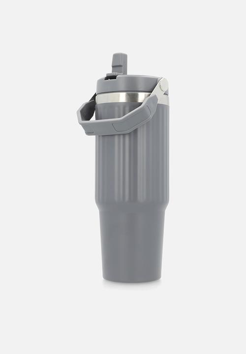 Excellent Houseware - Grey Staniless Steel Rib Design Drinking Flask with Handle