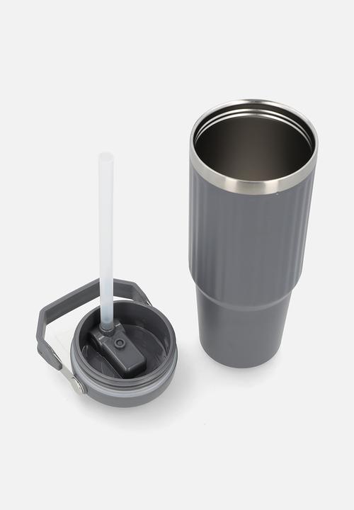 Excellent Houseware - Grey Staniless Steel Rib Design Drinking Flask with Handle
