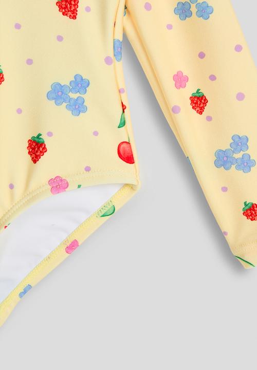 Cotton On - Long Sleeve One Piece Swimsuit - Baby Yellow/Cherries