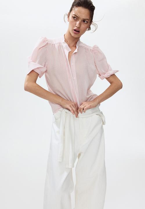 H&M - Puff-sleeved blouse - white/red striped