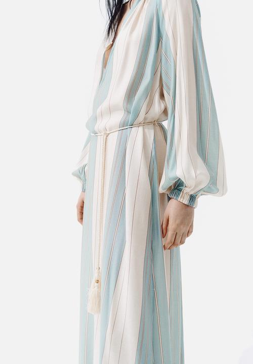 H&M - Oversized tie-belt dress - light beige/turquoise striped
