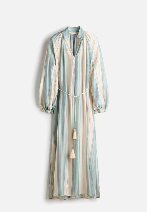 H&M - Oversized tie-belt dress - light beige/turquoise striped