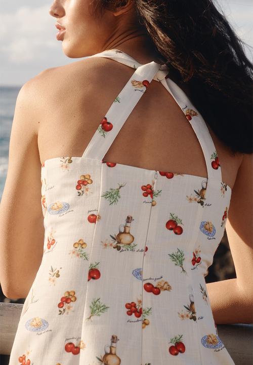 H&M - Twist-detail printed dress - cream/tomatoes