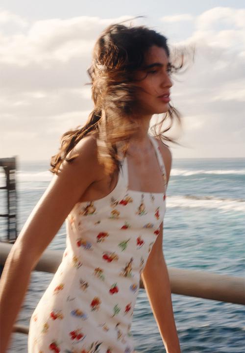 H&M - Twist-detail printed dress - cream/tomatoes