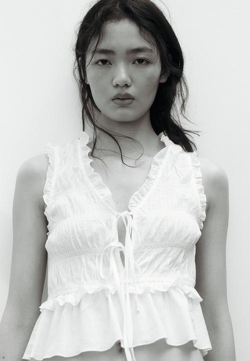 H&M - Tie-detail smocked top - cream