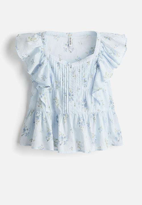 H&M - Frill-trimmed cotton top - light blue/floral