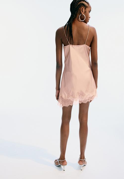 H&M - Lace-trimmed strappy satin top - light dusty pink