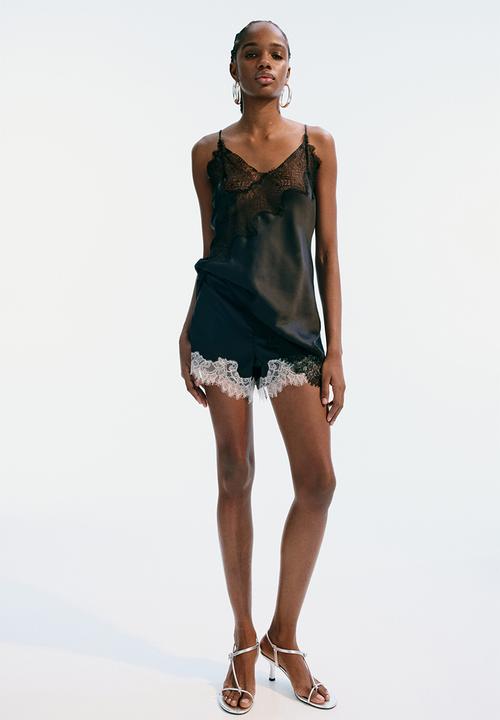 H&M - Lace-trimmed strappy satin top - black