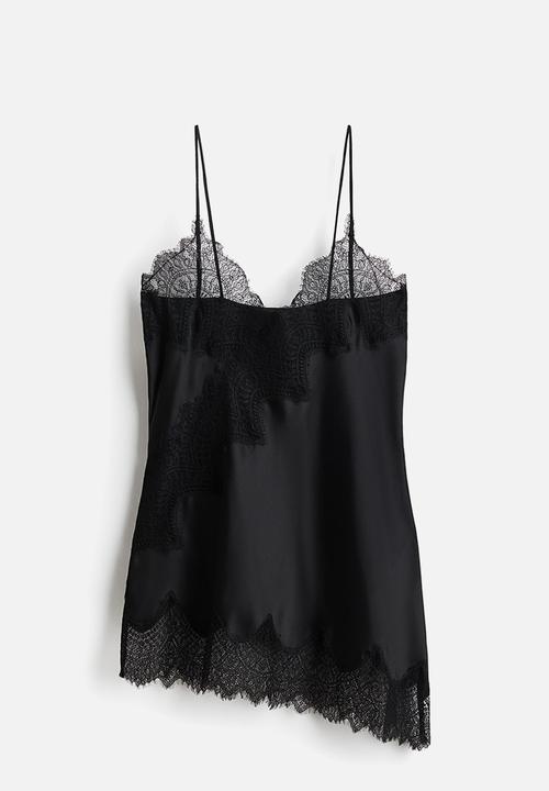 H&M - Lace-trimmed strappy satin top - black