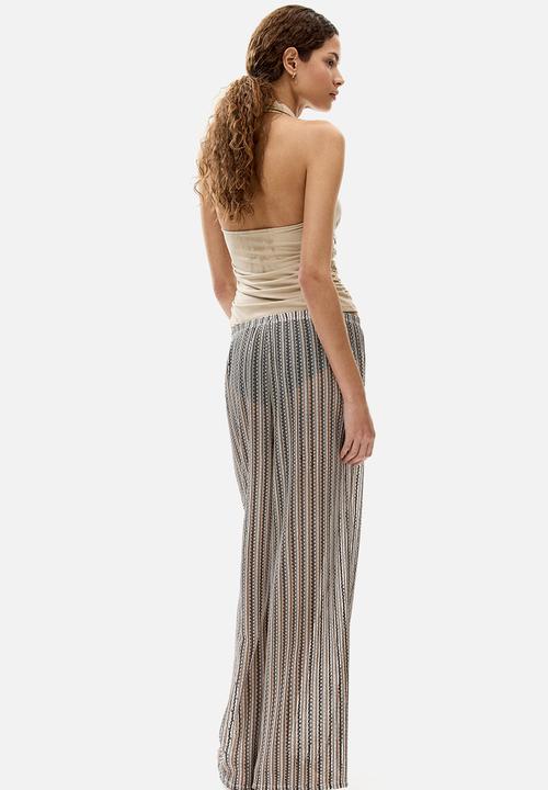 H&M - Wide hole-knit trousers - light beige/black striped