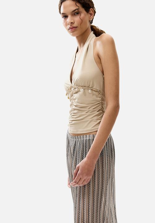 H&M - Wide hole-knit trousers - light beige/black striped