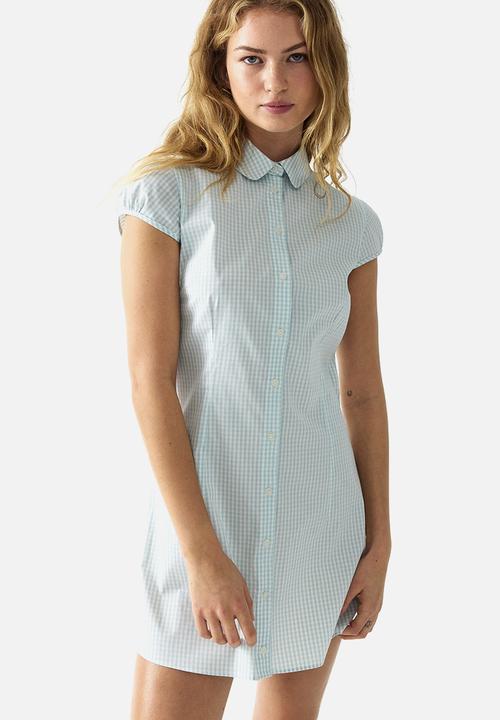 H&M - Cap-sleeved shirt dress - light turquoise/checked