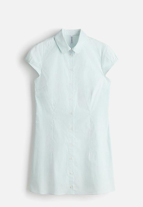 H&M - Cap-sleeved shirt dress - light turquoise/checked