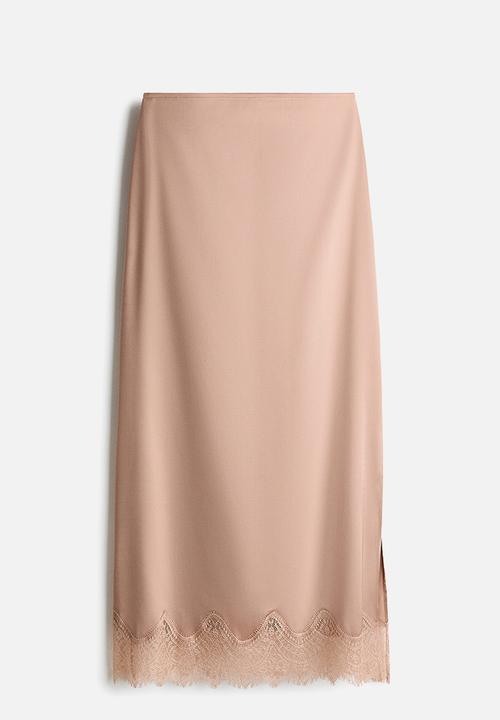 H&M - Lace-trimmed satin skirt - beige