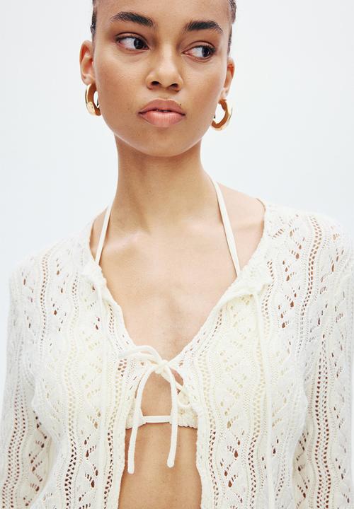 H&M - Pointelle-knit tie-front cardigan - cream