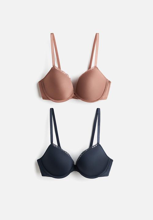H&M - 2-Pack microfibre push-up bras - navy blue/dark beige