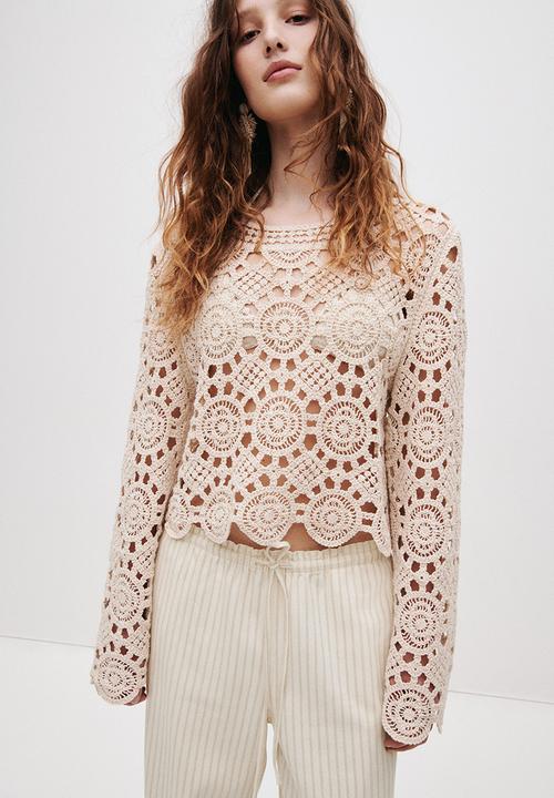 H&M - Denim pull-on trousers - light beige/striped