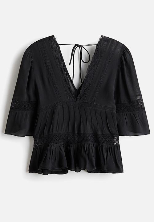 H&M - Lace-detail viscose blouse - charcoal grey