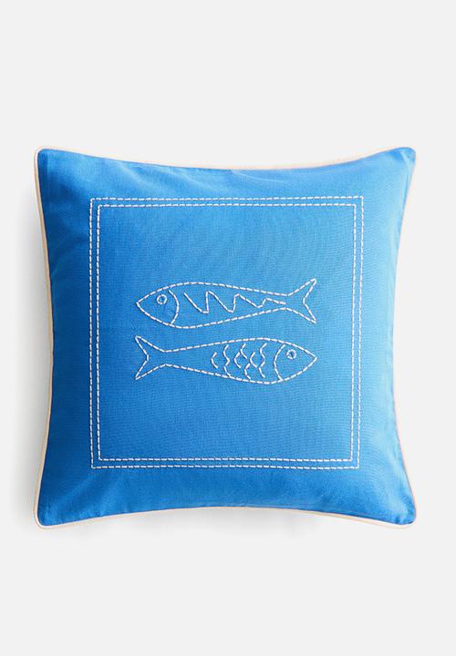 H&M - Embroidery-motif cushion cover - bright blue/fish