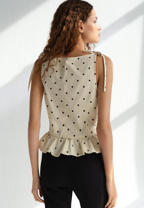 H&M - Linen-blend peplum top - light yellow/spotted