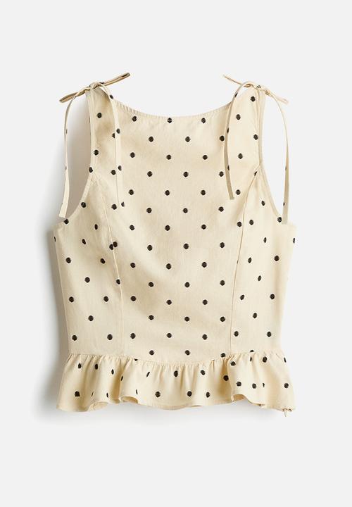H&M - Linen-blend peplum top - light yellow/spotted