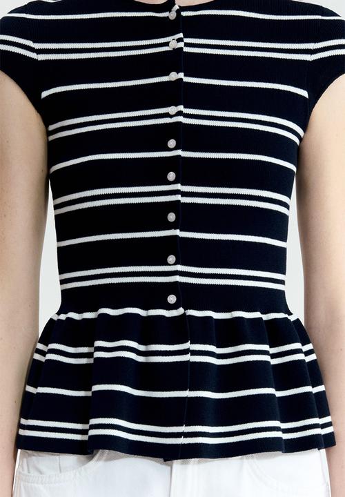 H&M - Short-sleeved peplum cardigan - black/white striped