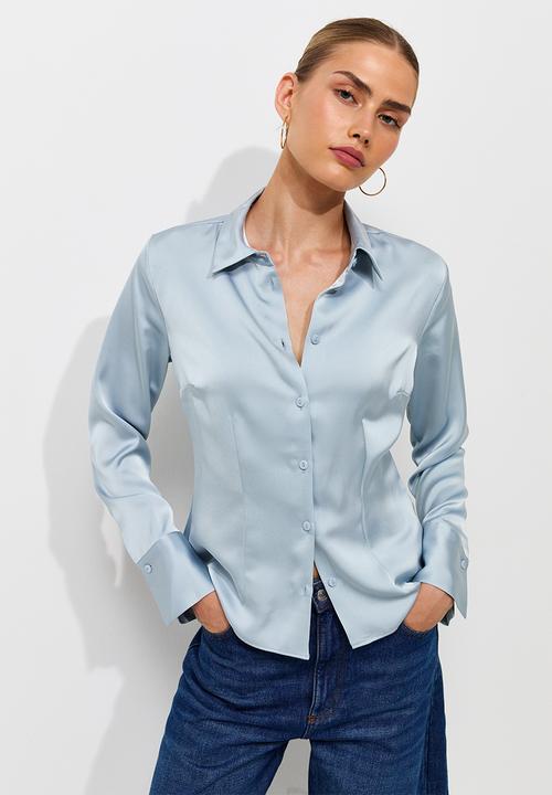 New Look - K Santana Waisted Satin Shirt - Icy Grey Blue