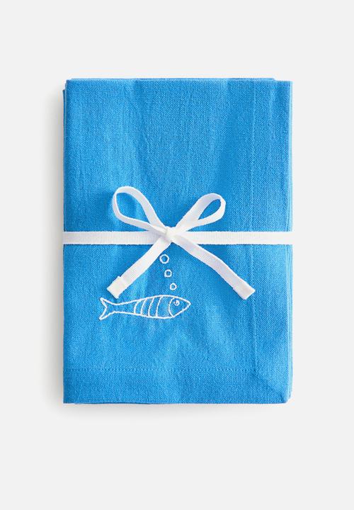 H&M - 4-Pack embroidery-detail linen-blend napkins - blue/fish