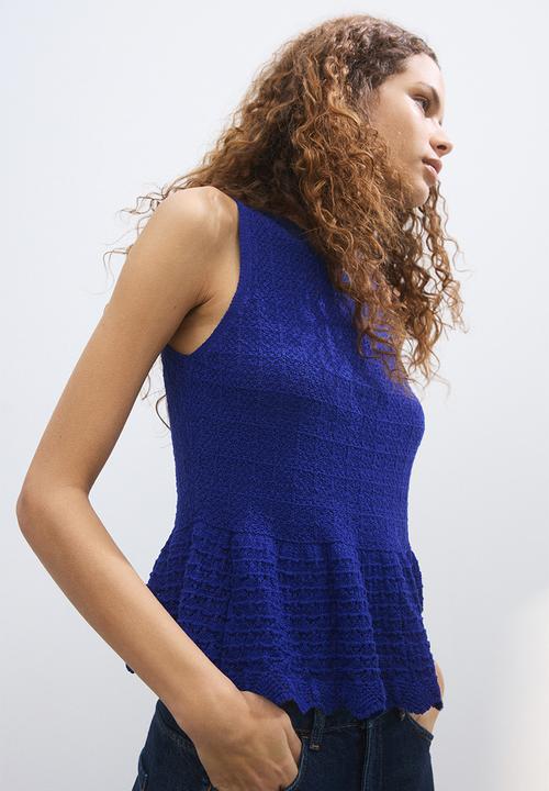 H&M - Pointelle-knit peplum top - bright blue