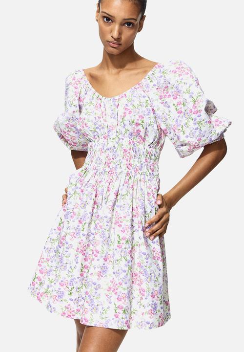 H&M - Flared-skirt cotton dress - white/floral