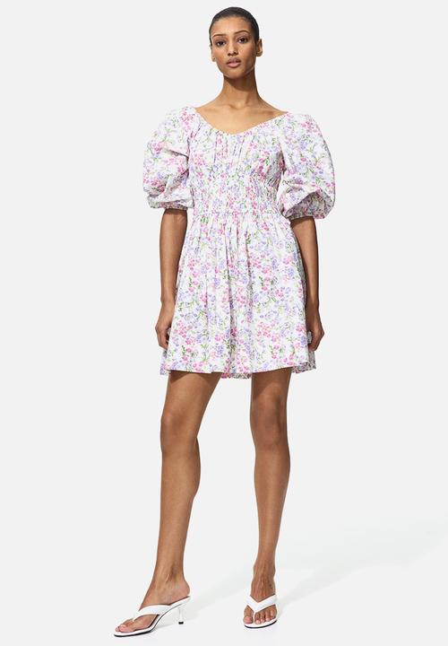 H&M - Flared-skirt cotton dress - white/floral
