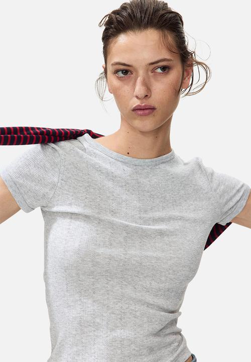 H&M - Pointelle-knit t-shirt - light grey marl
