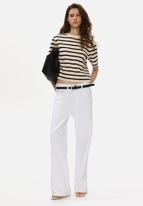 H&M - Knitted t-shirt - light beige/striped