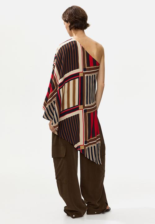 H&M - One-shoulder satin cape top - brown/patterned