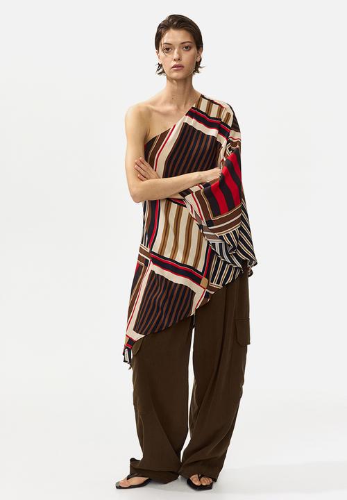 H&M - One-shoulder satin cape top - brown/patterned