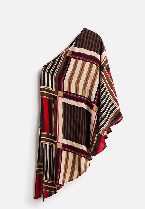 H&M - One-shoulder satin cape top - brown/patterned