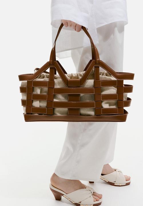 H&M - Large drawstring-detail tote bag - brown/light beige