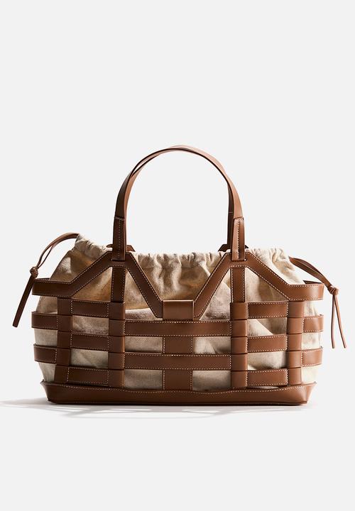 H&M - Large drawstring-detail tote bag - brown/light beige