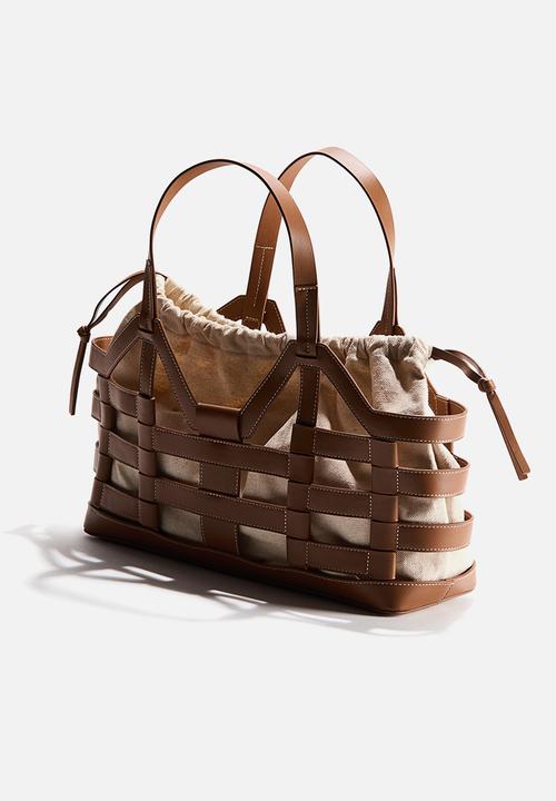 H&M - Large drawstring-detail tote bag - brown/light beige