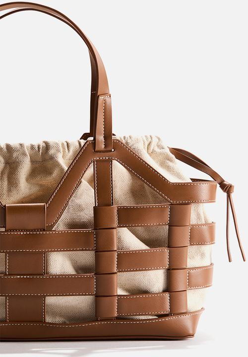 H&M - Large drawstring-detail tote bag - brown/light beige